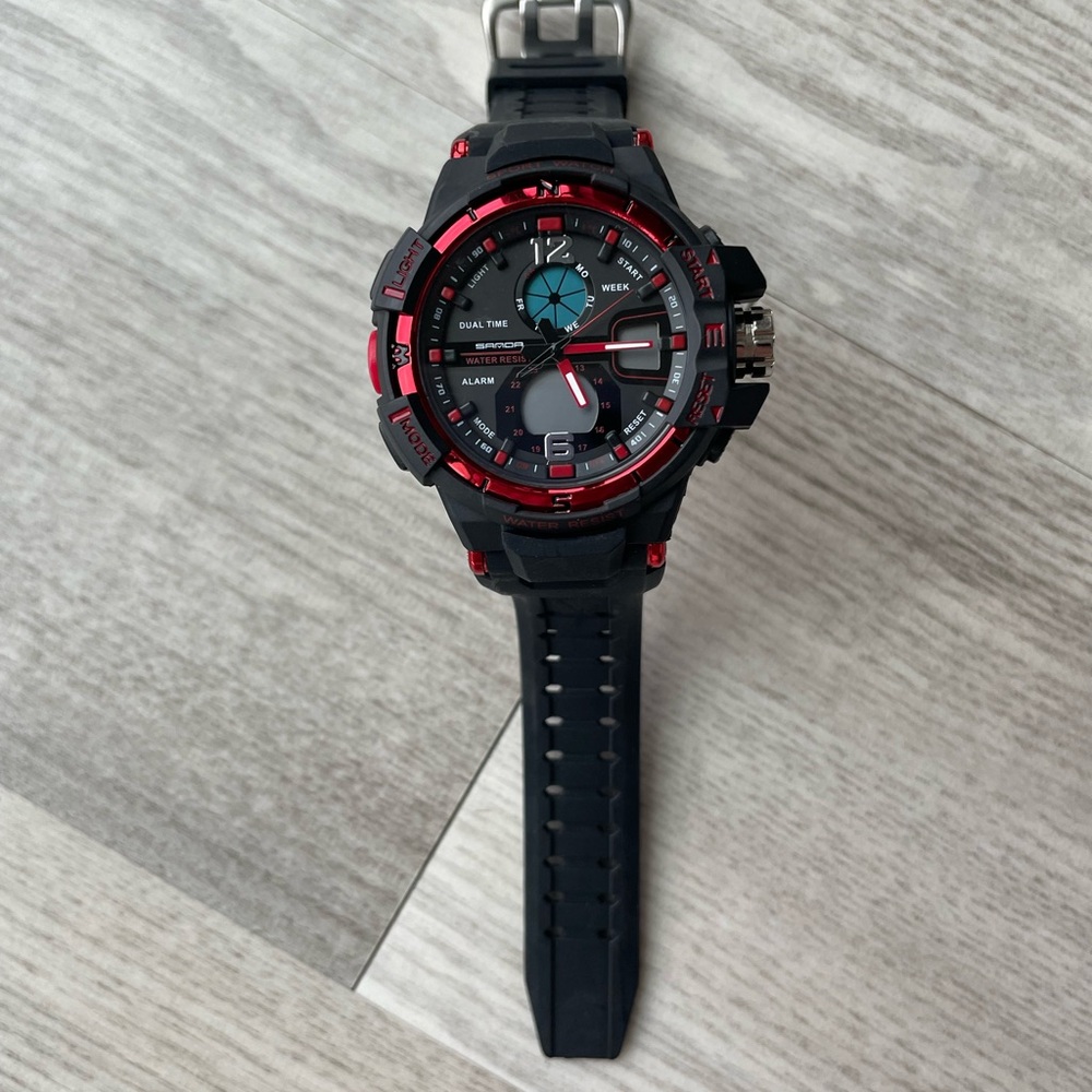 Black and Red Sports Watch - Dual Time Alarm